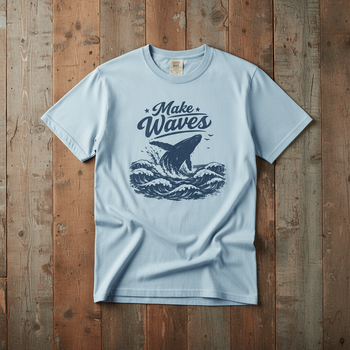 Make Waves chambray garment-dyed whale tee casually tousled on rustic reclaimed wood
