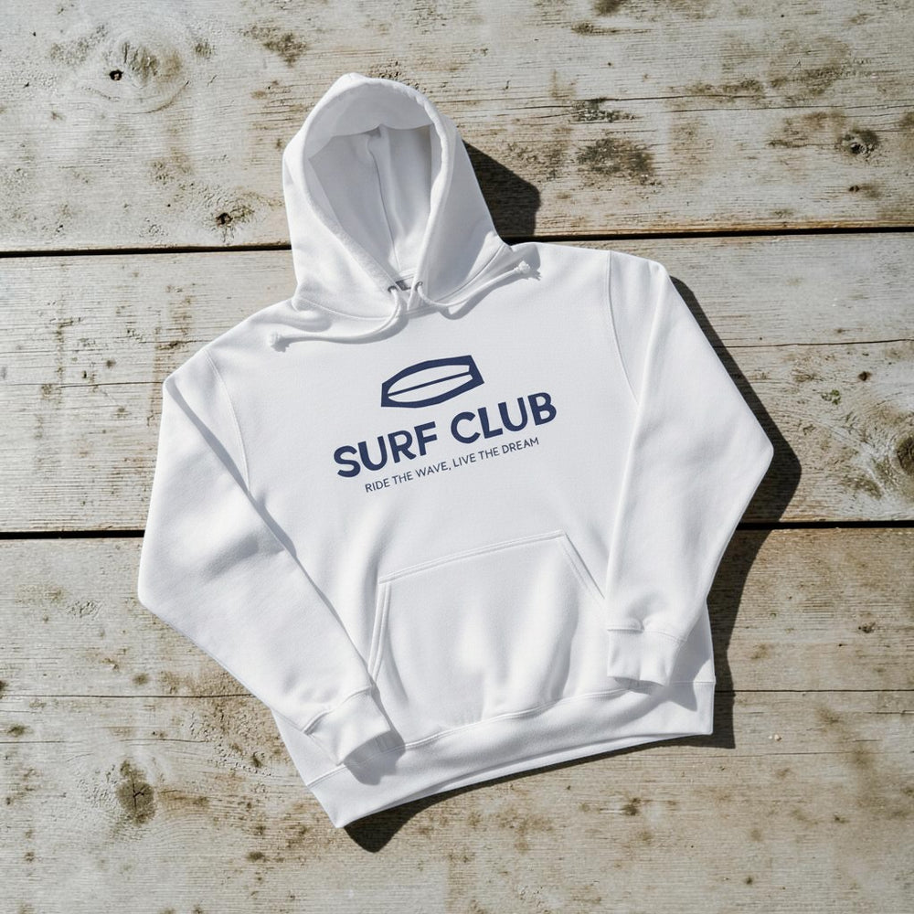Surf Club Hoodie in White — front graphic, warm sand studio background