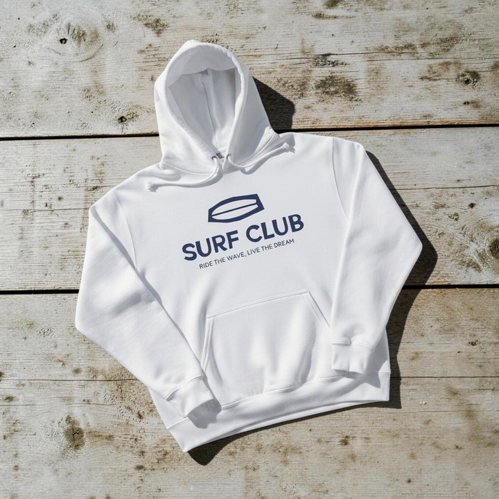 Surf Club Hoodie in White — front graphic, warm sand studio background