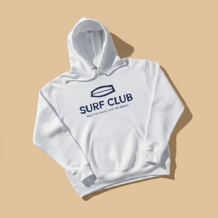 Surf Club Hoodie in White — front graphic, warm sand studio background