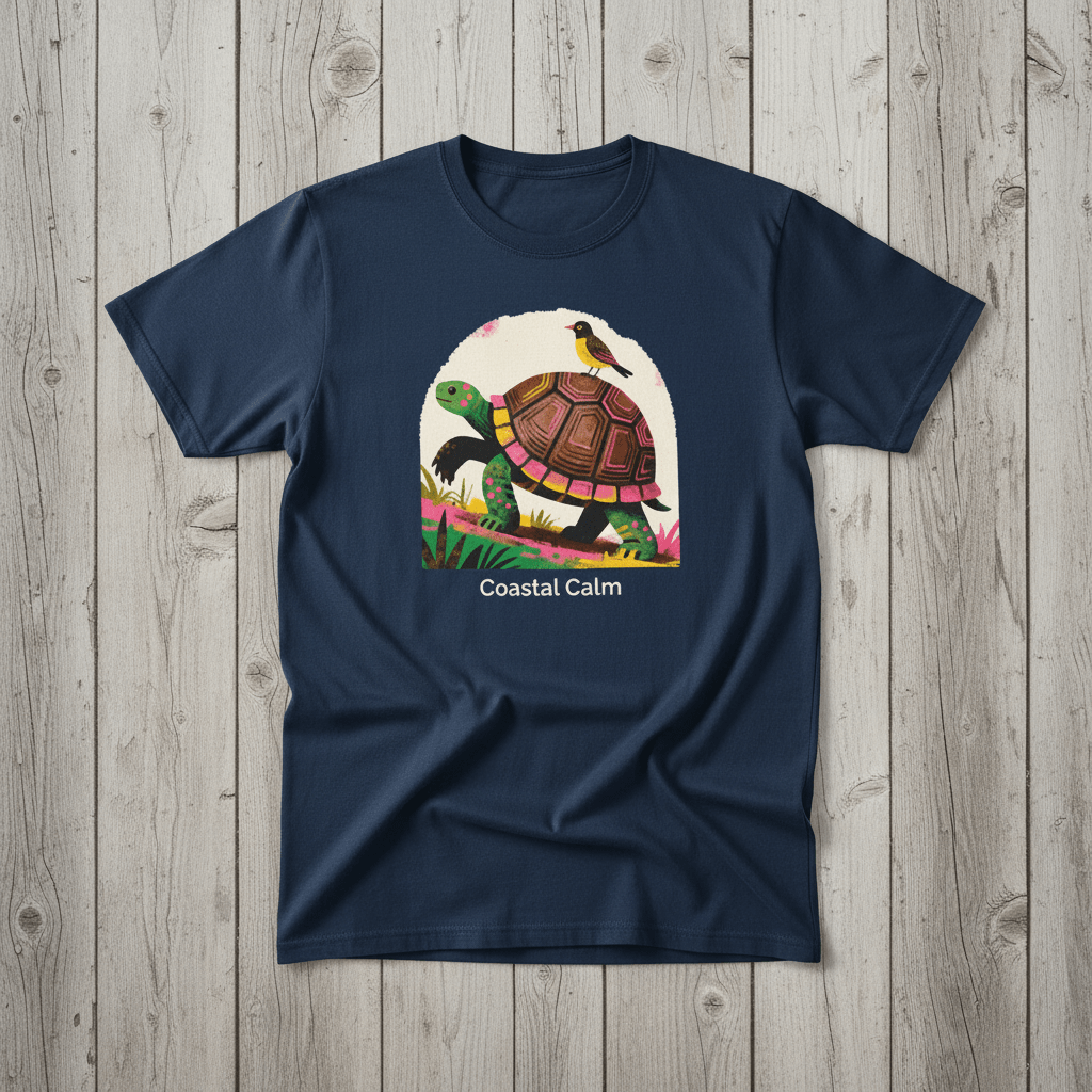 Coastal Calm Turtle Climbing Buddies navy garment-dyed tee on faded driftwood planks