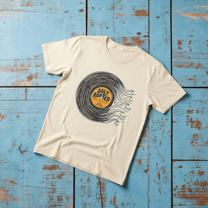 Salt Rooted Vinyl Record Tee in Ivory — front graphic, warm sand studio background