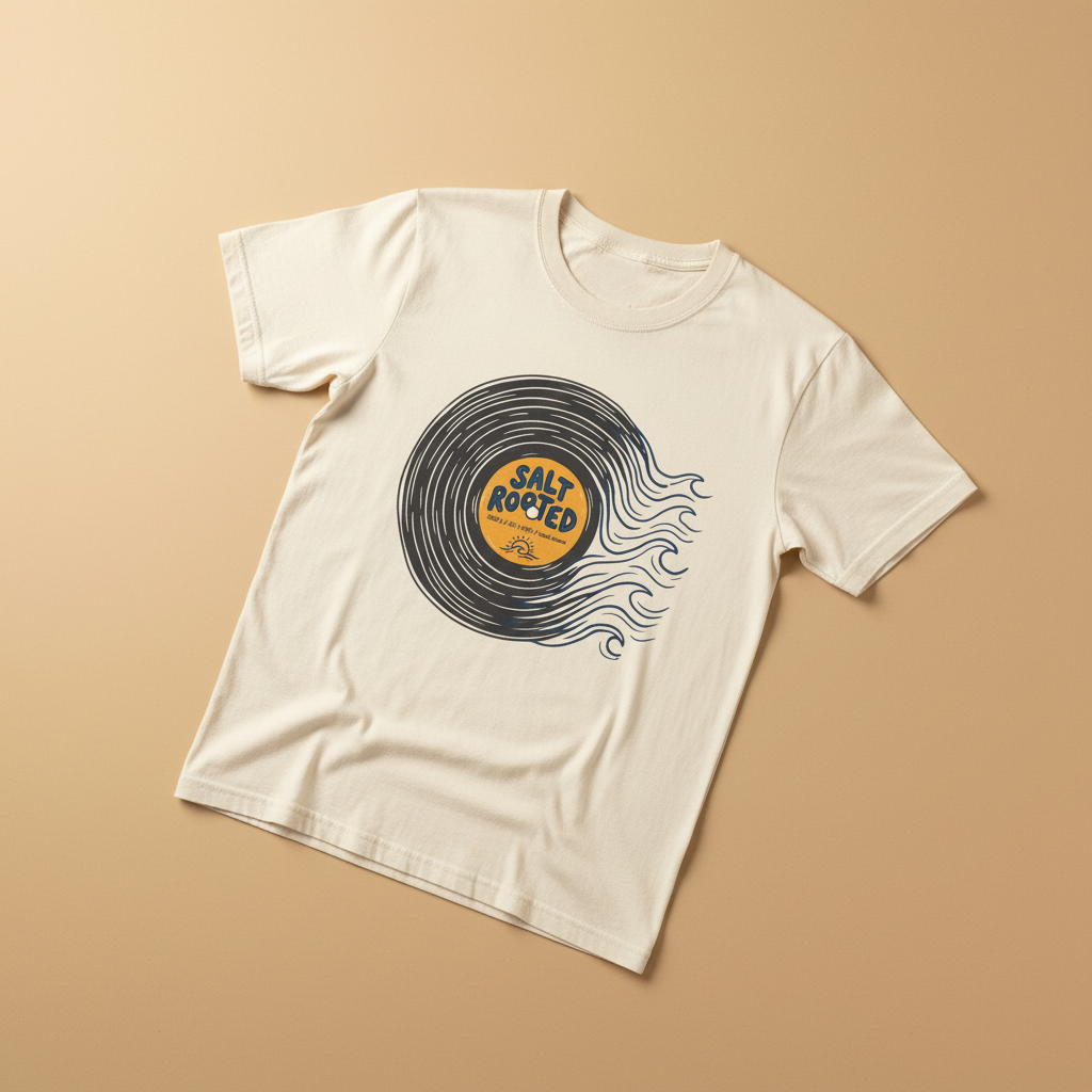 Salt Rooted Vinyl Record Tee in Ivory — front graphic, warm sand studio background