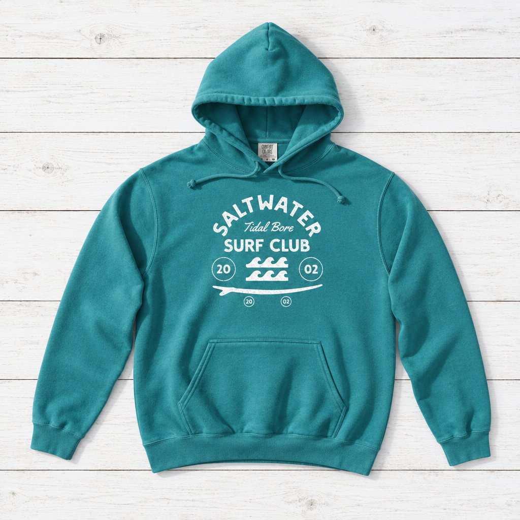 Seafoam Saltwater Tidal Bore Surf Club hoodie front on whitewashed boards