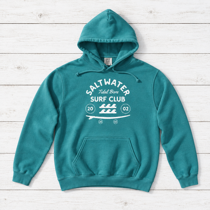 Seafoam Saltwater Tidal Bore Surf Club hoodie front on whitewashed boards