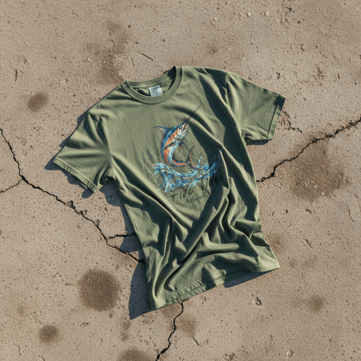 Marlin Surf sage garment-dyed tee on light cracked cement with wet marks