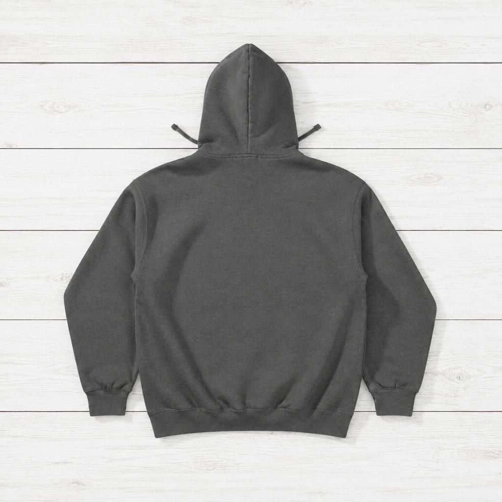 Grey Fish hoodie back flat lay on whitewashed boards