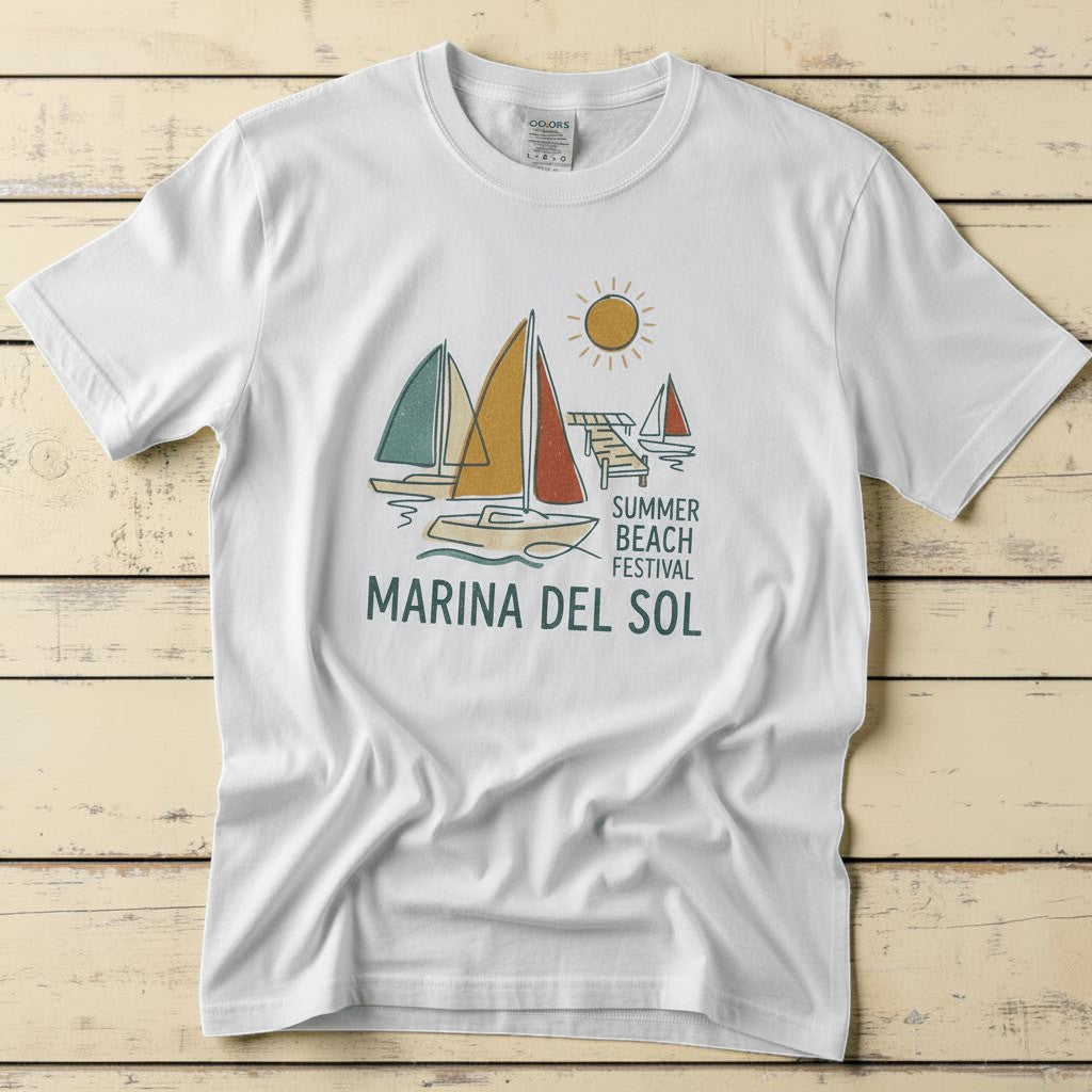 Marina Del Sol Sailboats white garment-dyed tee on weathered wood planks