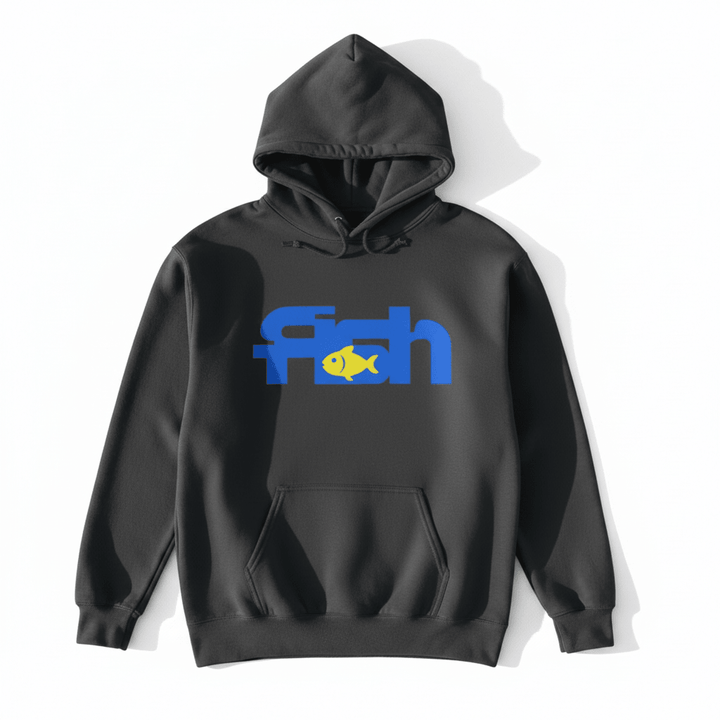 Charcoal fish hoodie - white background