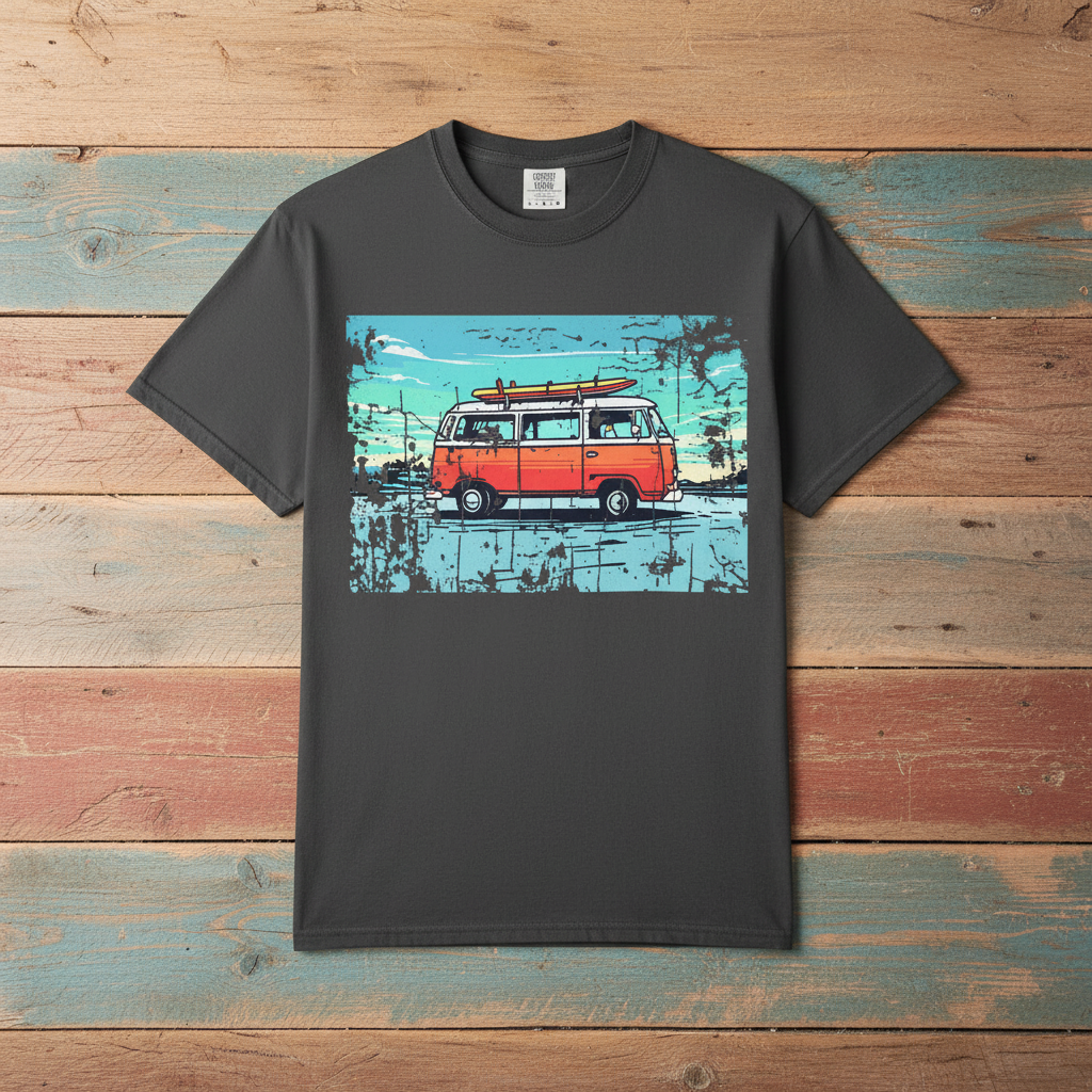Retro Surfing Van Graphic Tee — Graphite on Colorful Driftwood