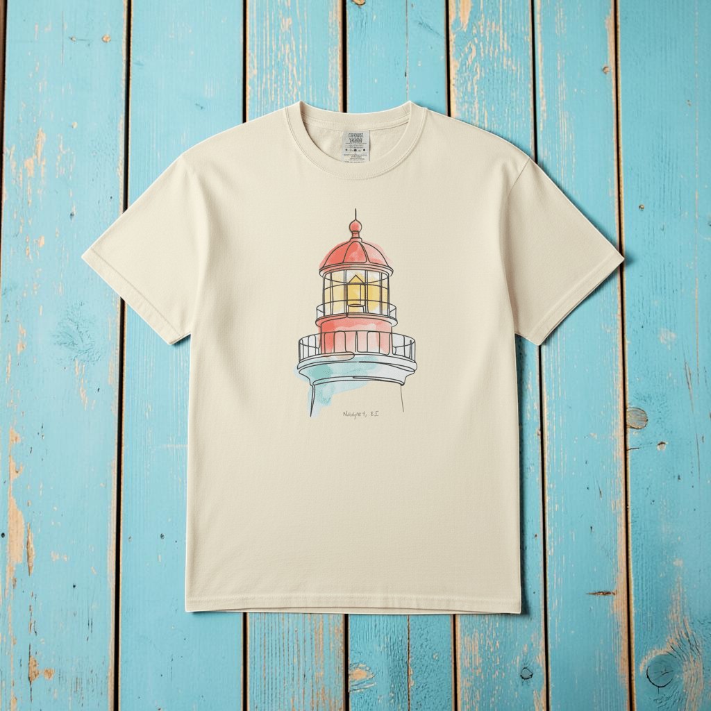 Lighthouse Watercolor ivory garment-dyed tee laid flat on rustic reclaimed wood