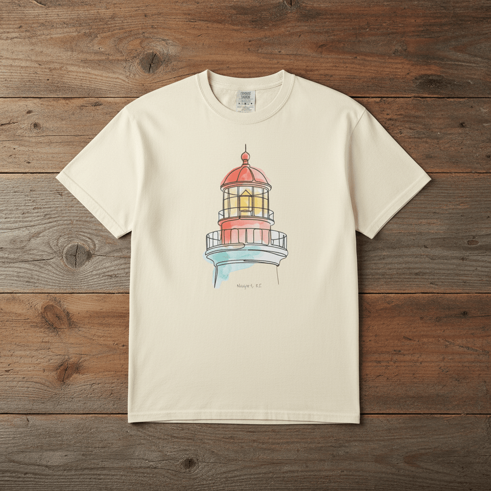 Lighthouse Watercolor ivory garment-dyed tee laid flat on rustic reclaimed wood