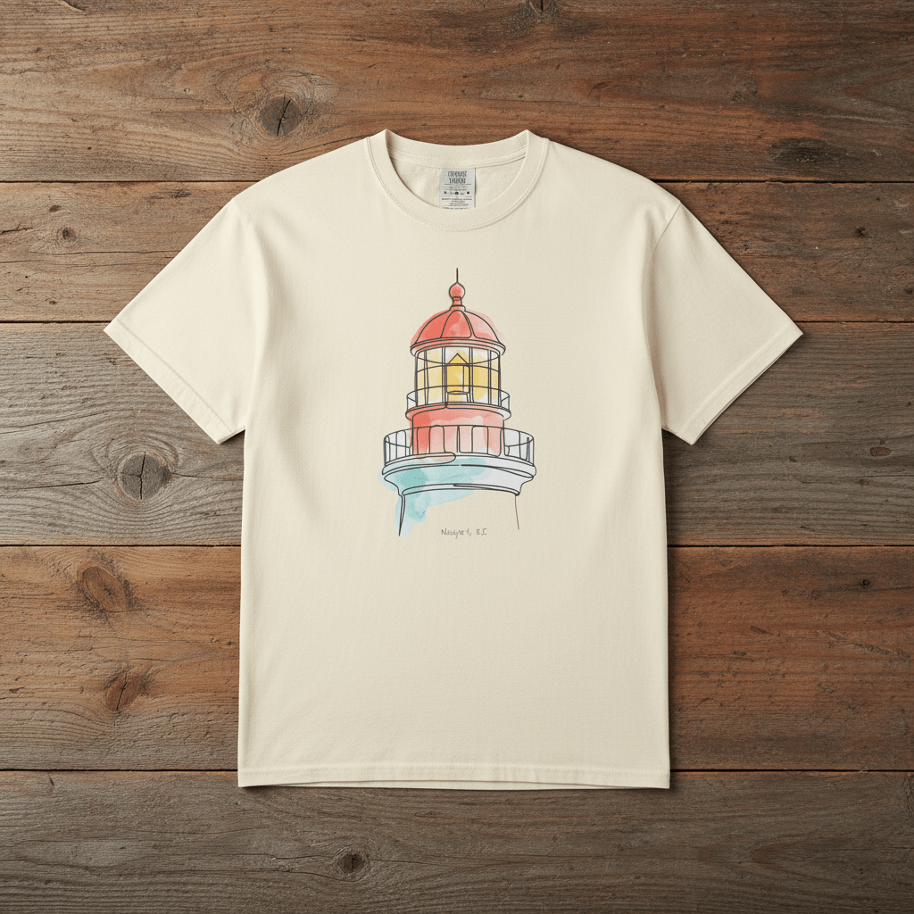 Lighthouse Watercolor ivory garment-dyed tee laid flat on rustic reclaimed wood