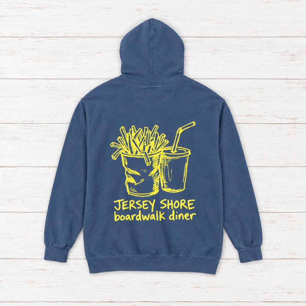 Jersey Shore Boardwalk Diner hoodie flat lay on whitewashed boards
