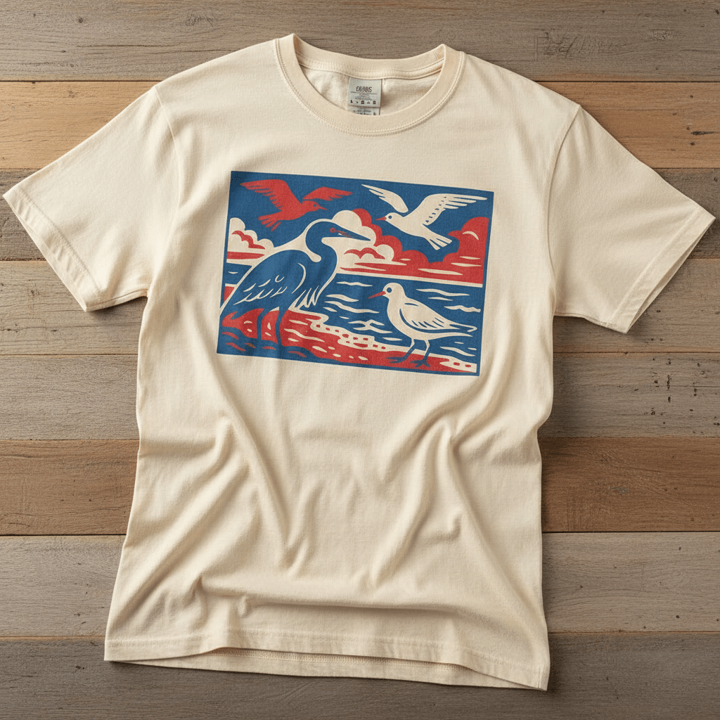 Summer Beach Birds Vibes ivory garment-dyed tee on faded driftwood planks