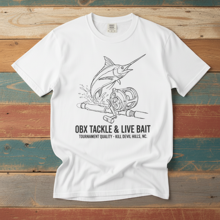 White OBX Tackle &amp; Live Bait marlin tee flat lay on weathered driftwood planks