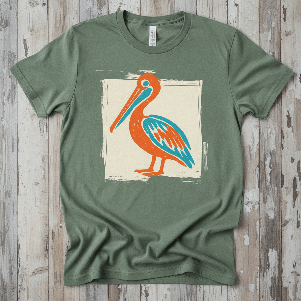 Colorful Beach Pelican sage garment-dyed tee on faded driftwood planks