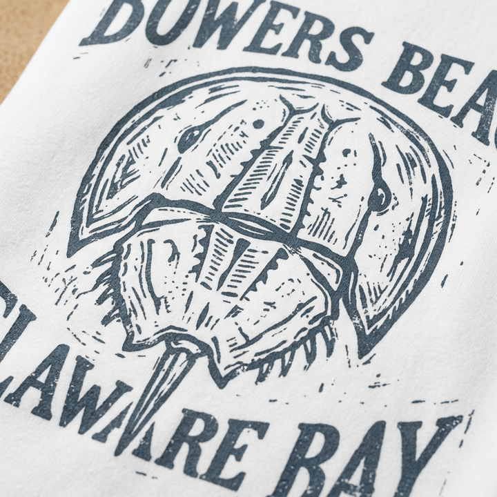 Bowers Beach white sweatshirt horseshoe crab graphic close-up