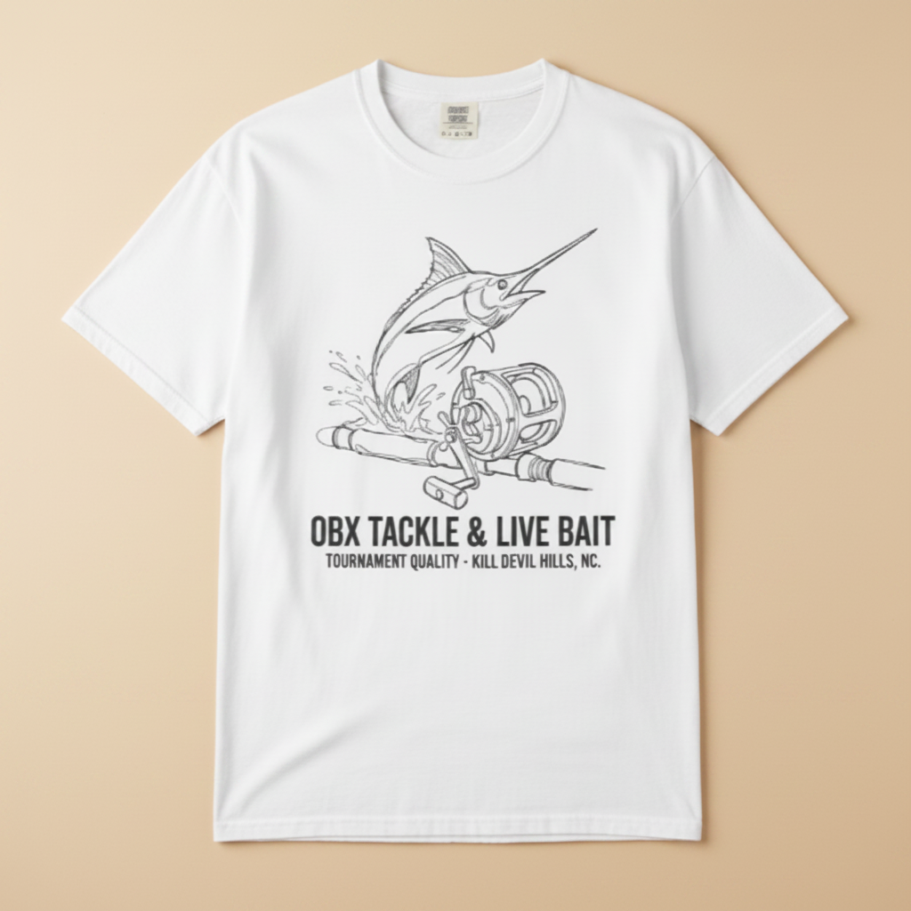 White OBX Tackle &amp; Live Bait marlin tee on sandy beige background — mobile product shot