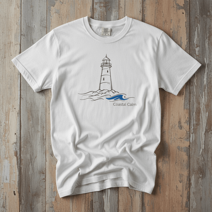 Coastal Calm Lighthouse Blue Sea white garment-dyed tee on faded driftwood planks