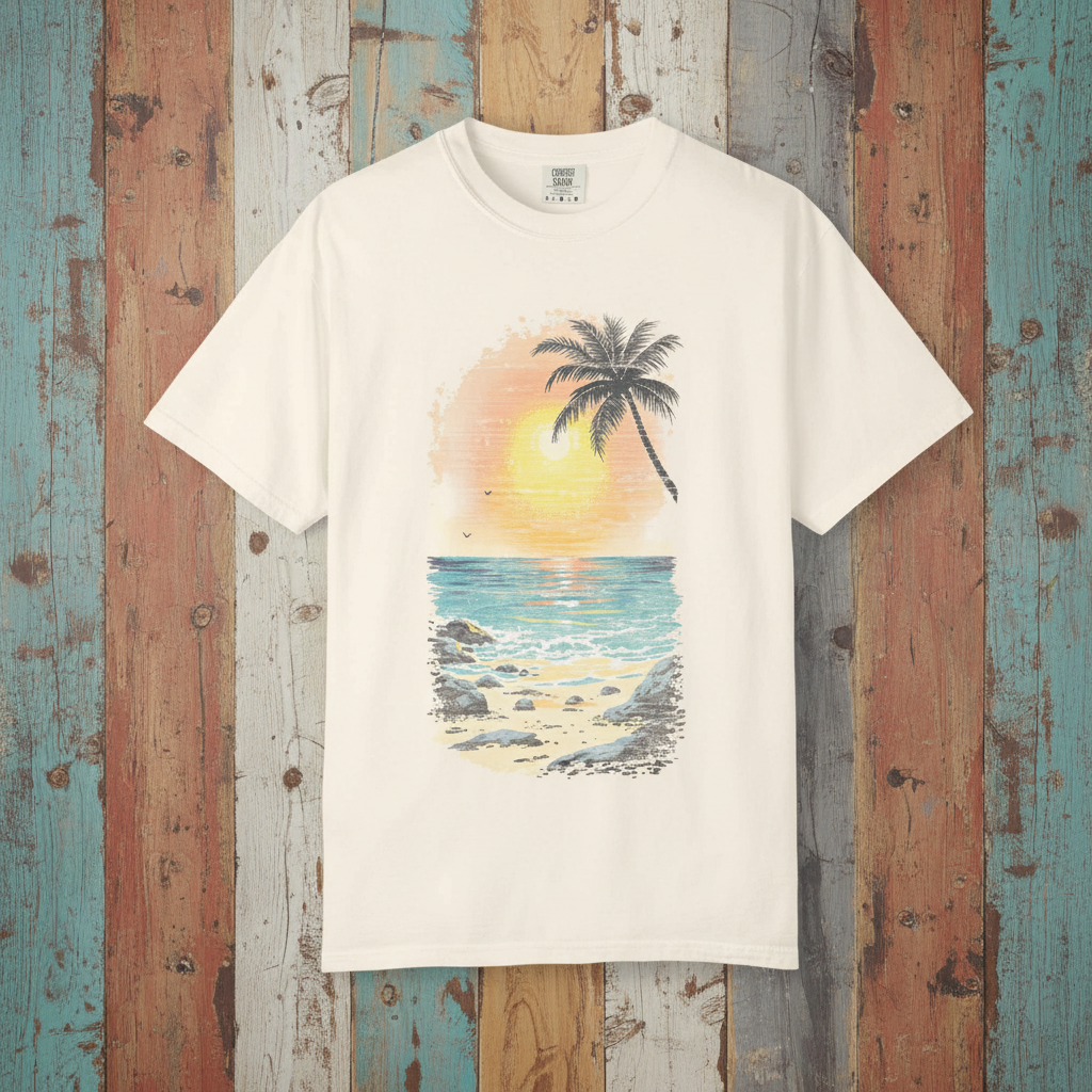 Sun Faded Beach Sunset II Graphic Tee — Ivory on Colorful Driftwood