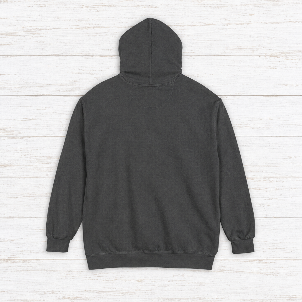 Lone Sardine hoodie flat lay on whitewashed boards