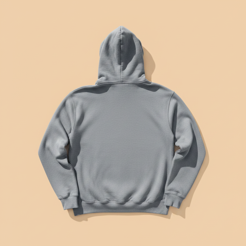 Coastal Vibes Hoodie in Grey — plain back, warm sand studio background