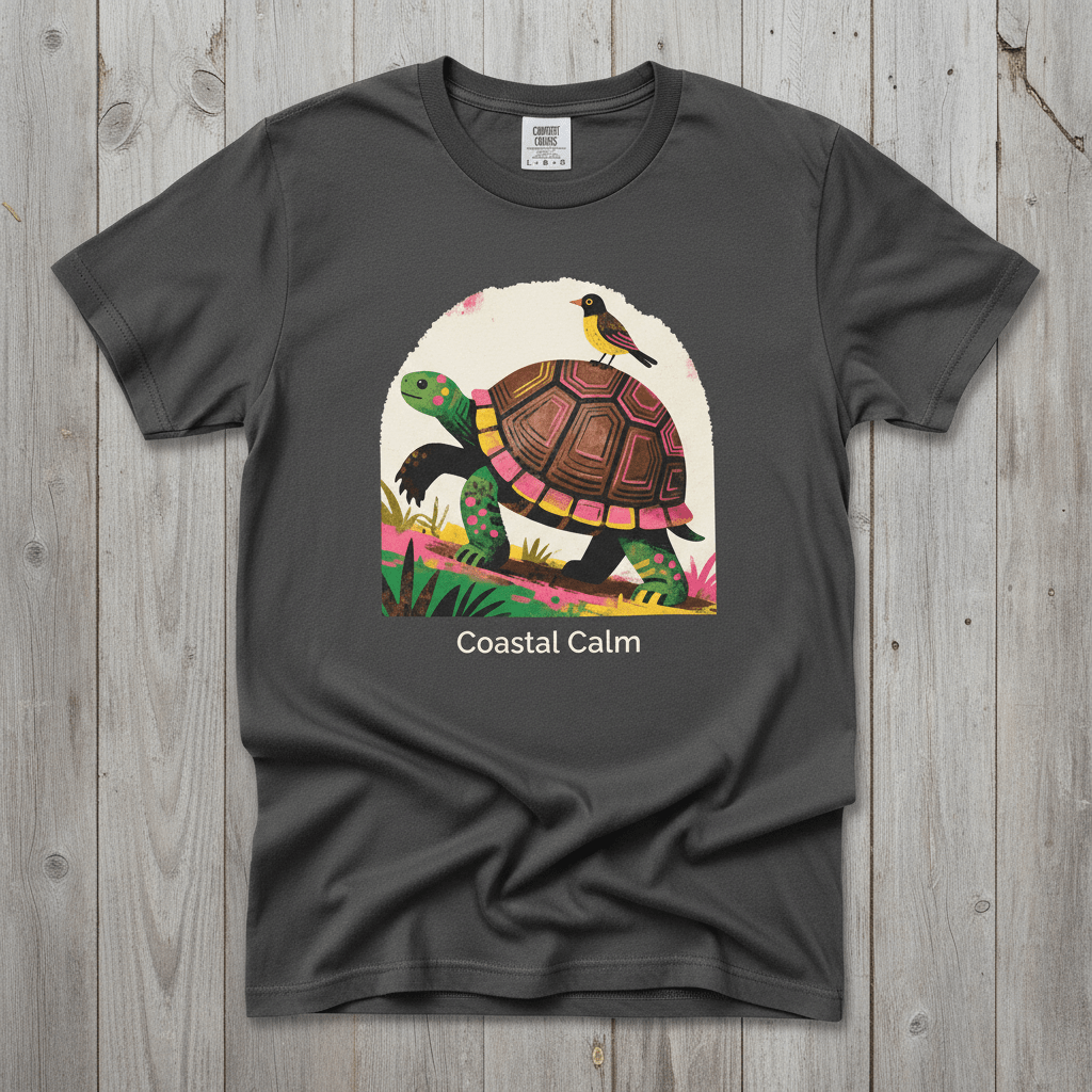 Coastal Calm Turtle Climbing Buddies graphite garment-dyed tee on faded driftwood planks