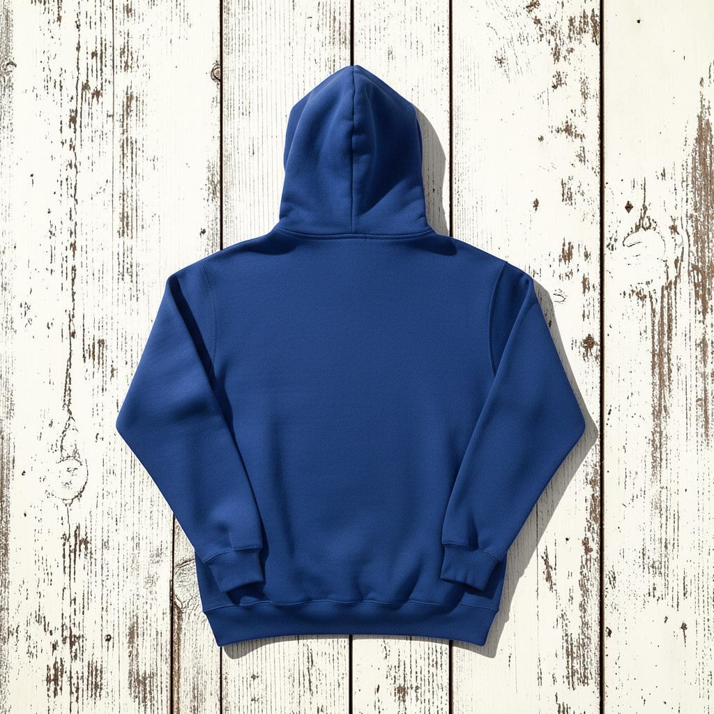 Saltwater Surf Club Hoodie in Flo Blue — plain back, warm sand studio background