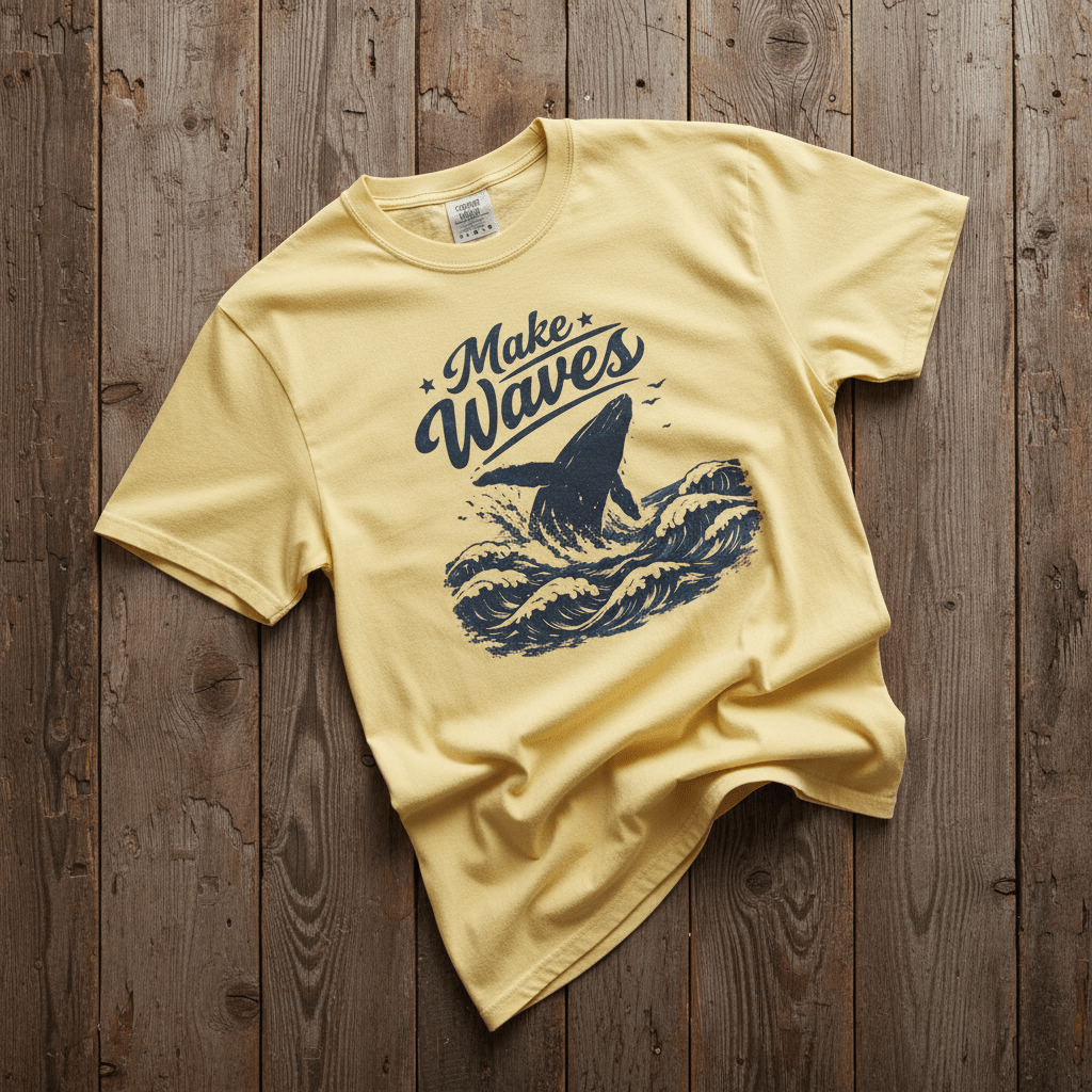 Make Waves banana garment-dyed whale tee casually tousled on rustic reclaimed wood
