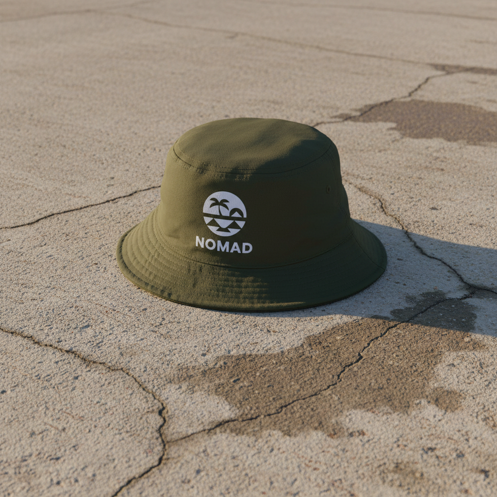Nomad army bucket hat on light cracked cement with wet marks