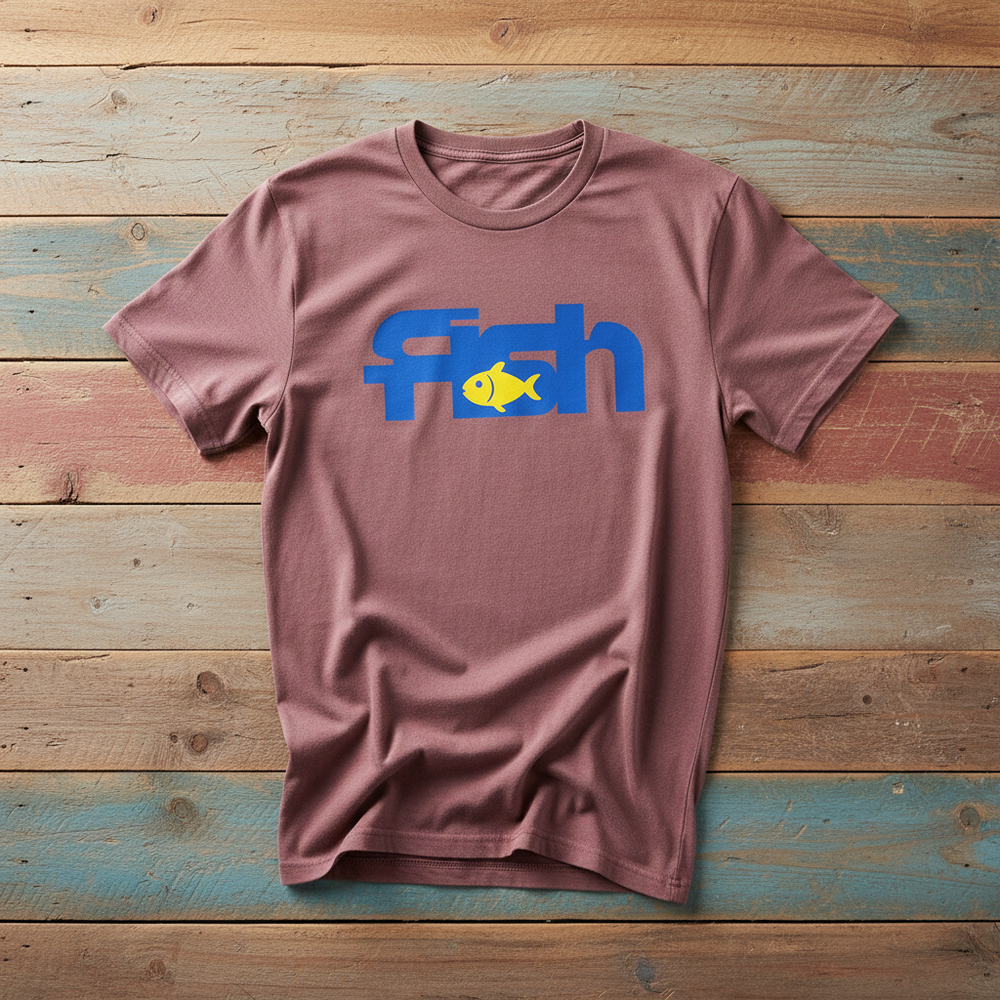 Fish brick garment-dyed tee tossed on retro-grunge driftwood planks