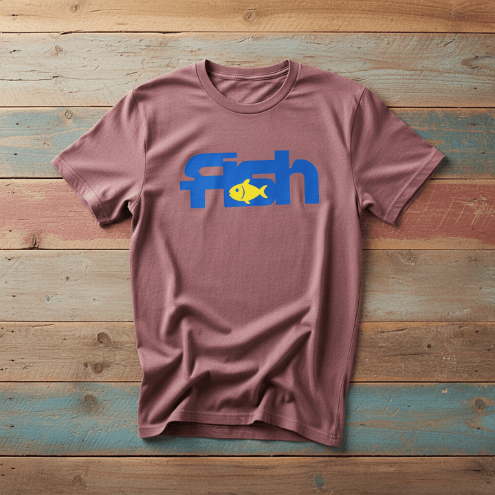 Fish brick garment-dyed tee tossed on retro-grunge driftwood planks