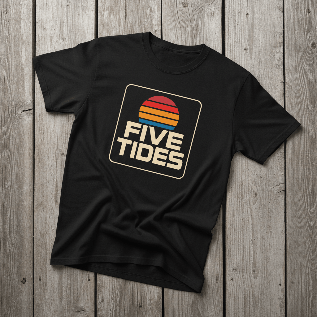 Coastal Retro Sunset black garment-dyed tee on faded driftwood planks