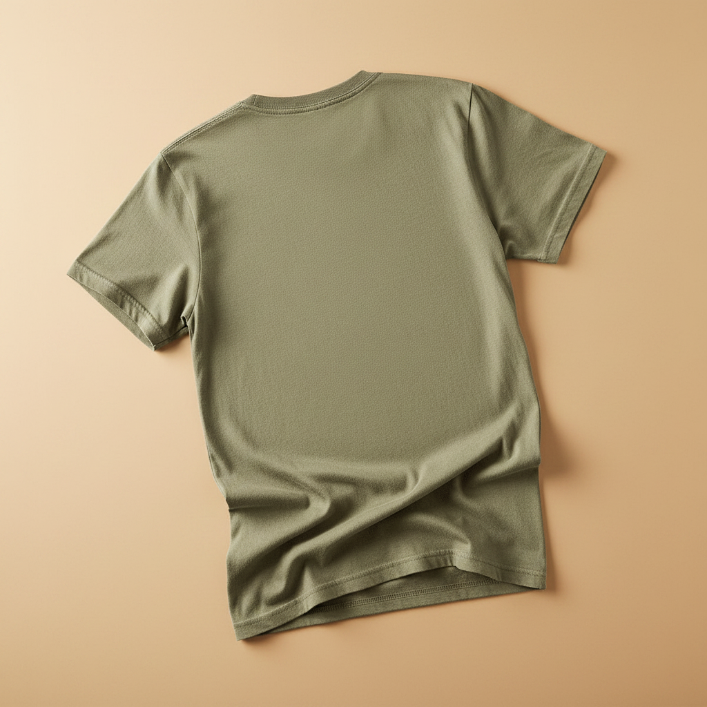 Super Stork Tee in Khaki/Olive — plain back, warm sand studio background