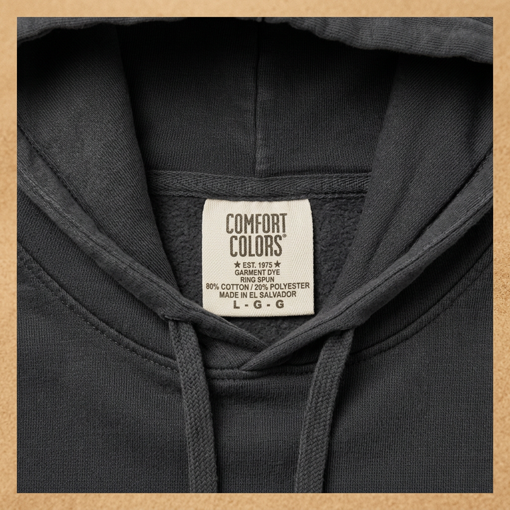 Boardwalk Diner Pepper hoodie neckline stitching drawcords and Comfort Colors label detail