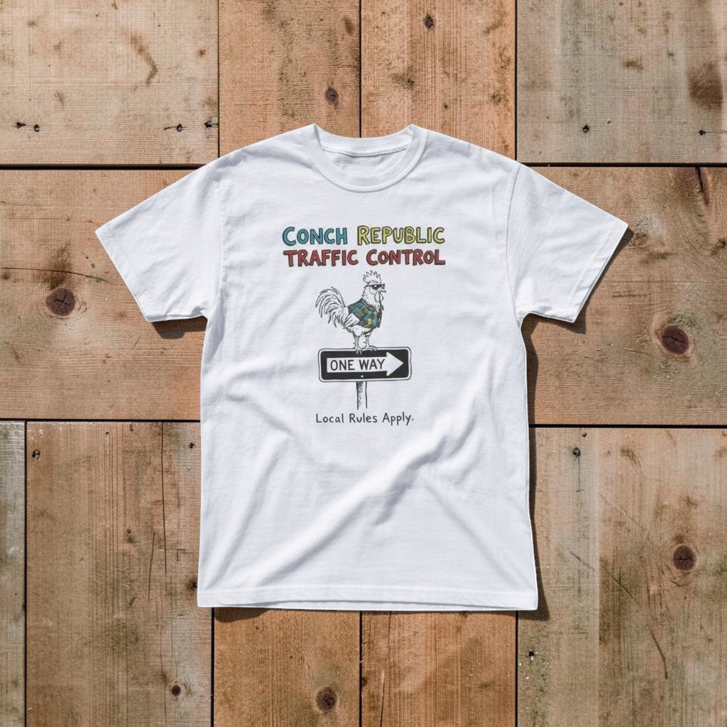 Conch Republic Traffic Control Graphic Tee — Sun Bleached White on Colorful Driftwood