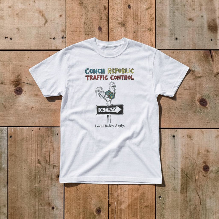 Conch Republic Traffic Control Graphic Tee — Sun Bleached White on Colorful Driftwood