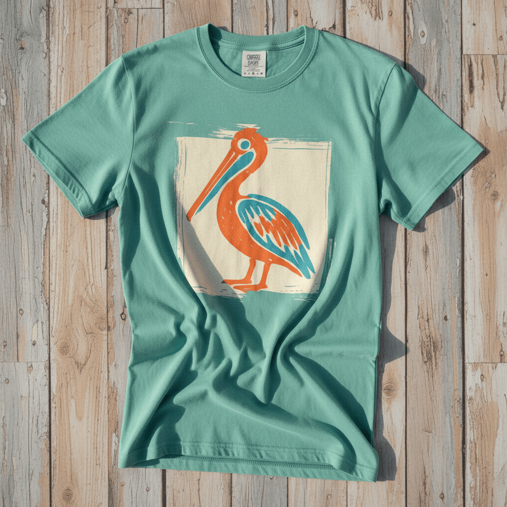 Colorful Beach Pelican seafoam garment-dyed tee on faded driftwood planks