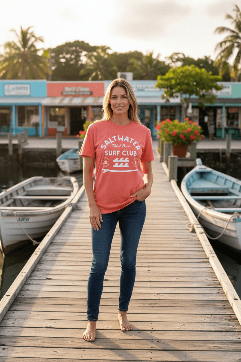 Female lifestyle - coral Saltwater Surf Club tee, tropical island dock