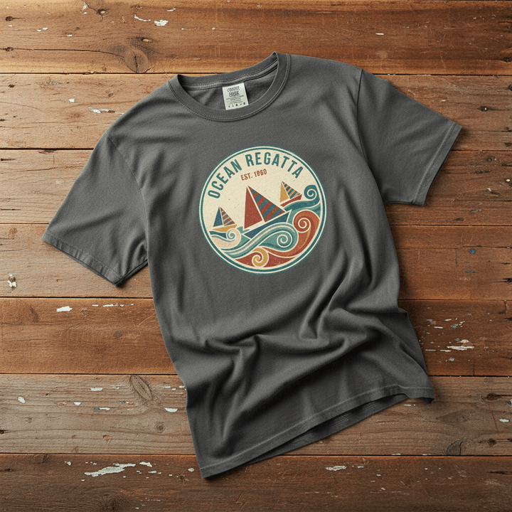Vintage Sailboat Regatta pepper garment-dyed tee casually tousled on rustic reclaimed wood