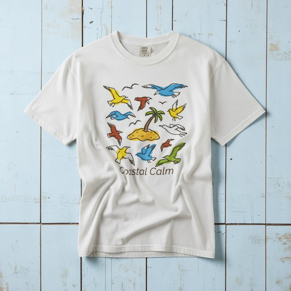 Coastal Calm Sea Birds Take Flight white garment-dyed tee on faded driftwood planks