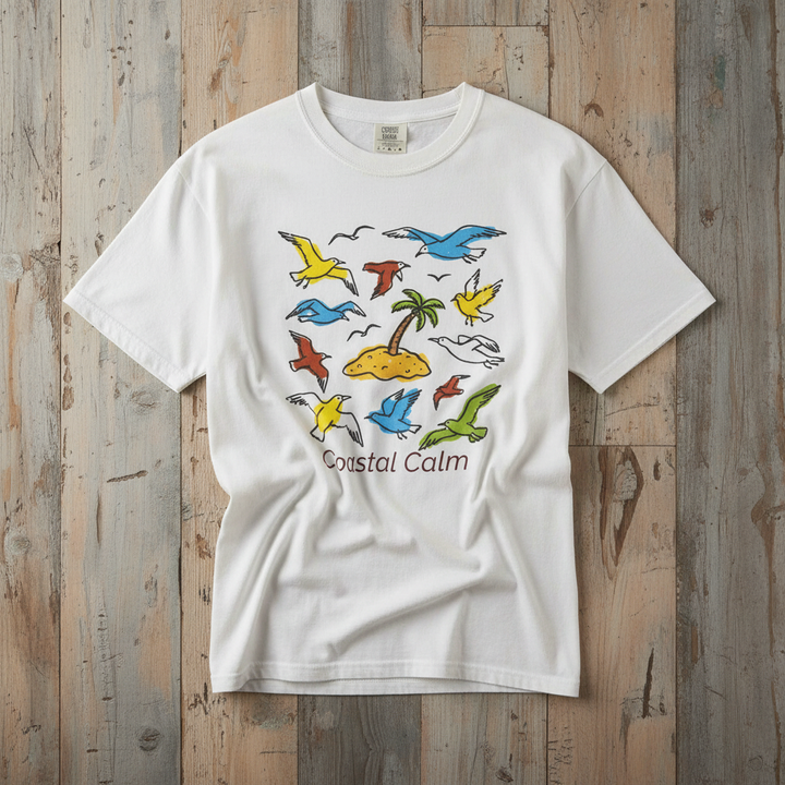Coastal Calm Sea Birds Take Flight white garment-dyed tee on faded driftwood planks