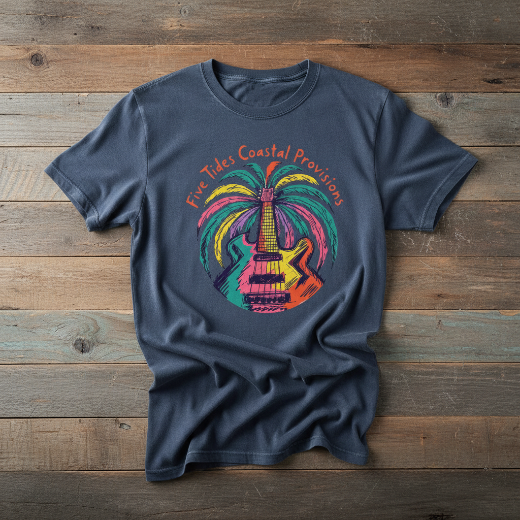 Rainbow Guitar Palm Tree midnight garment-dyed tee casually tousled on rustic reclaimed wood