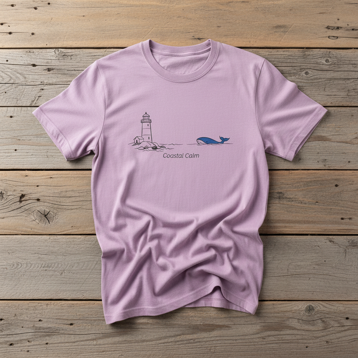 Lighthouse &amp; Whale Coastal Soul orchid garment-dyed tee on faded driftwood planks