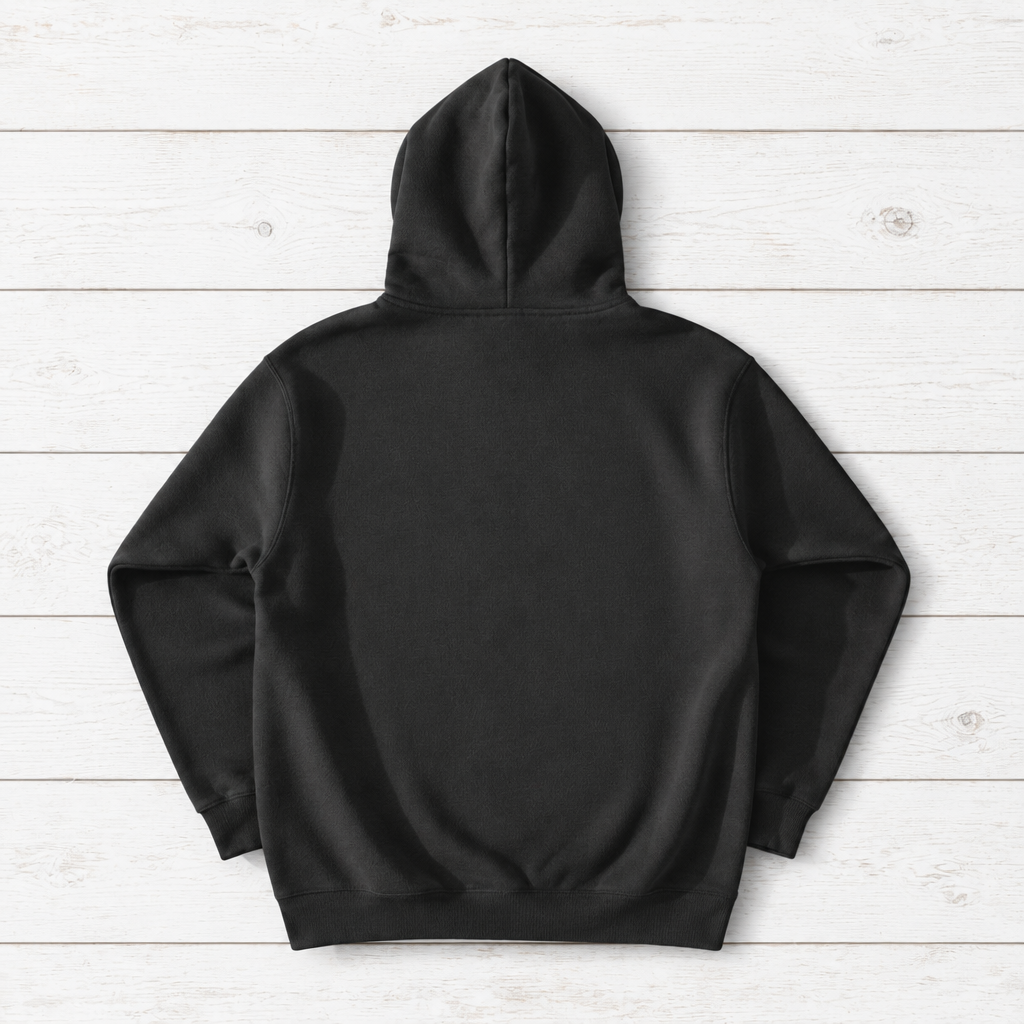 Pepper Fish hoodie back flat lay on whitewashed boards