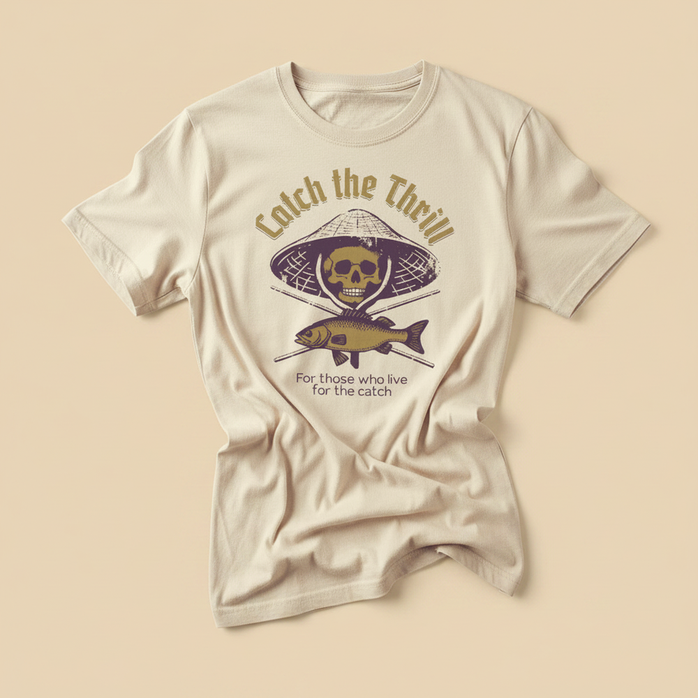 Catch the Thrill Tee in Ivory — front graphic, warm sand studio background