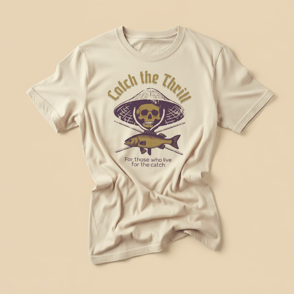Catch the Thrill Tee in Ivory — front graphic, warm sand studio background
