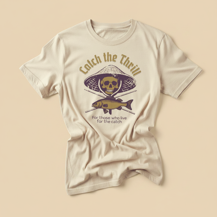 Catch the Thrill Tee in Ivory — front graphic, warm sand studio background