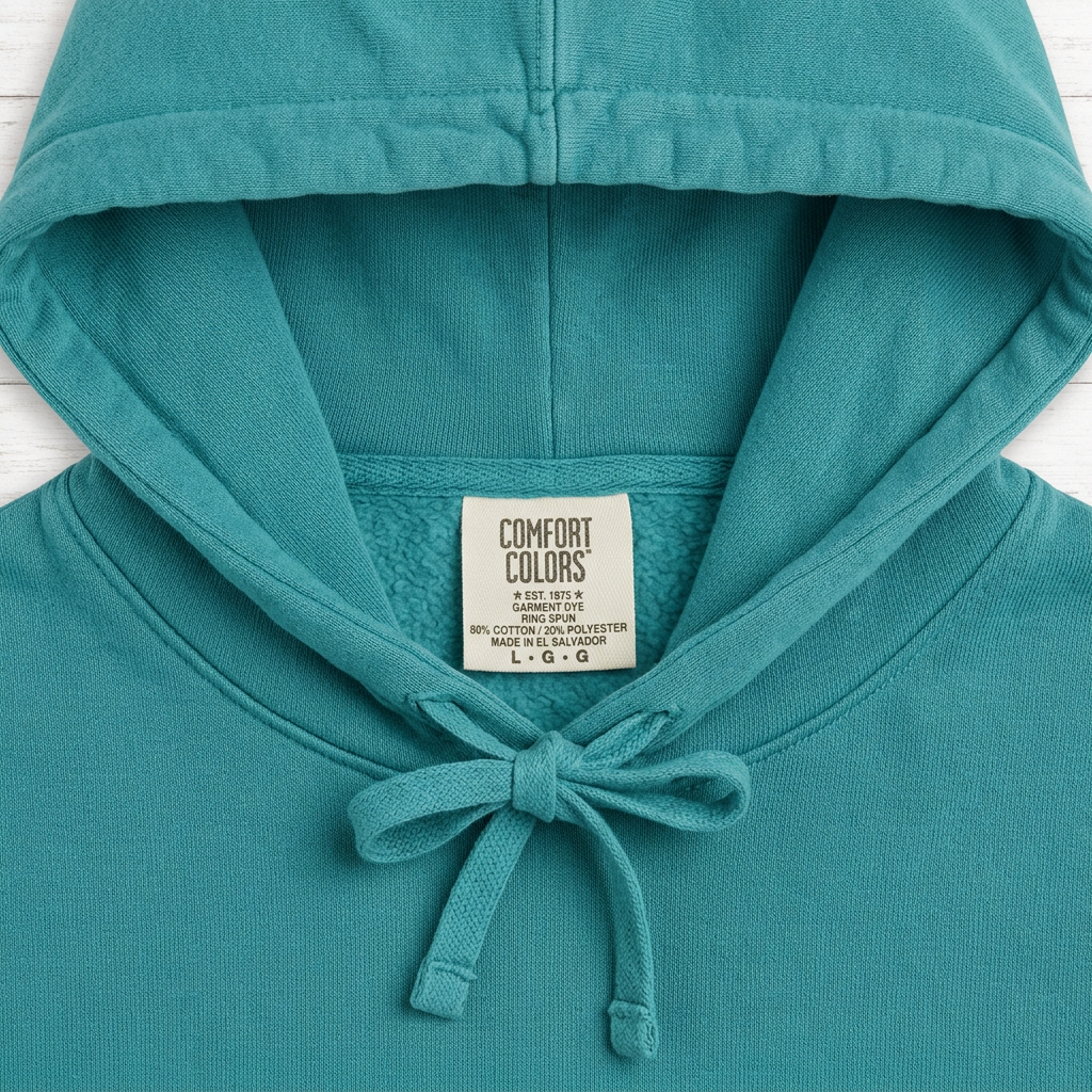 Beach Snail Seafoam hoodie neckline stitching drawstrings and Comfort Colors label detail